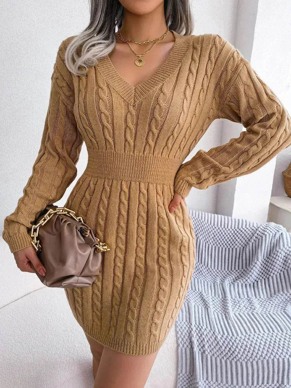 Solid Color V-Neck Long Sleeve Slim fit Winter Knit Mini sweater Dress Slim