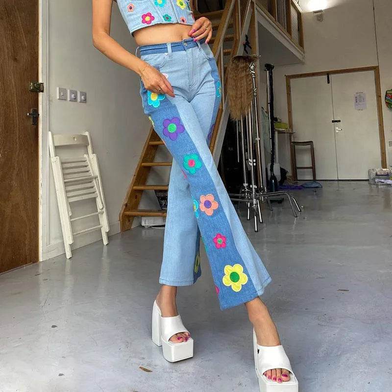 Women's Fashion Pattern Colorblock Bootcut Jeans