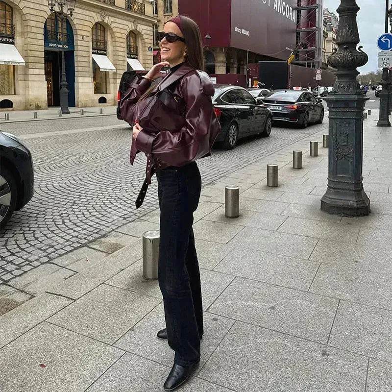 Fashion Lapel Streetwear Cropped Leather Jacket for women