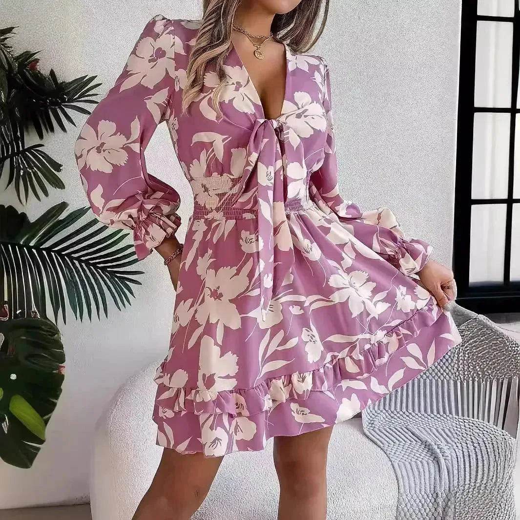 New Floral Printed V-Neck Long Sleeve Dress Fashion Ruffles Bowknot A-Line Short Mini Skater Dress Women's Clothing