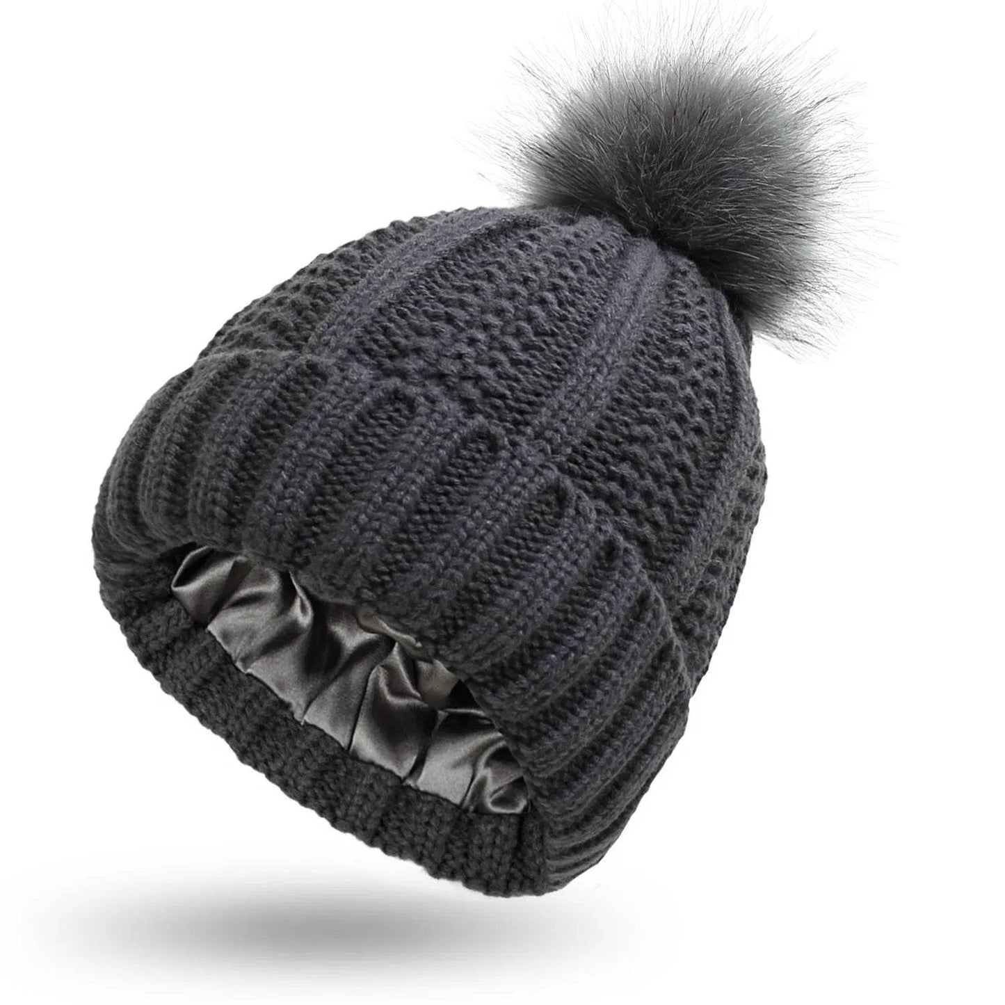 Stretchy Satin Lined Skull Knit Faux Fur Pom Pom Beanie Hat