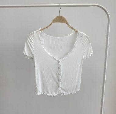Women Summer Short Sleeve Ruffle Buttons Frilly Solid Color tank Tops