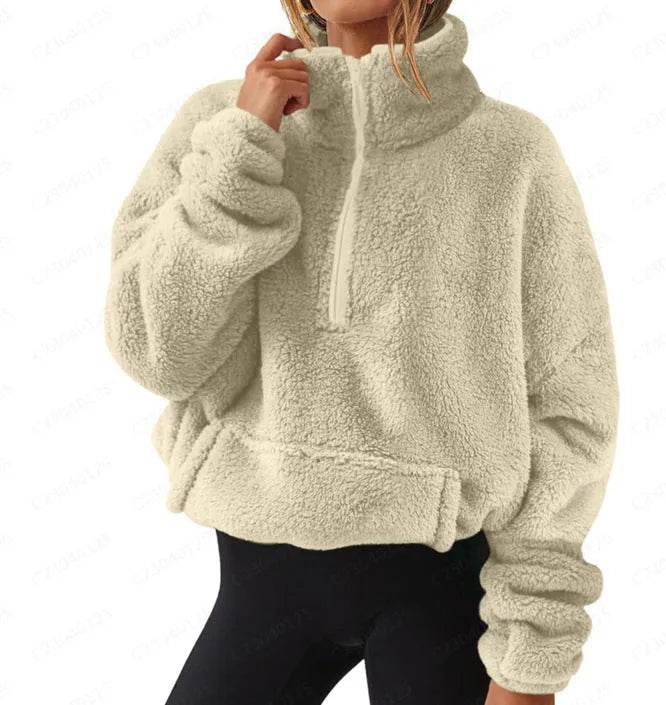 Pull pour femme en velours européen et américain, doublé polaire, avec demi-fermeture éclair et col montant