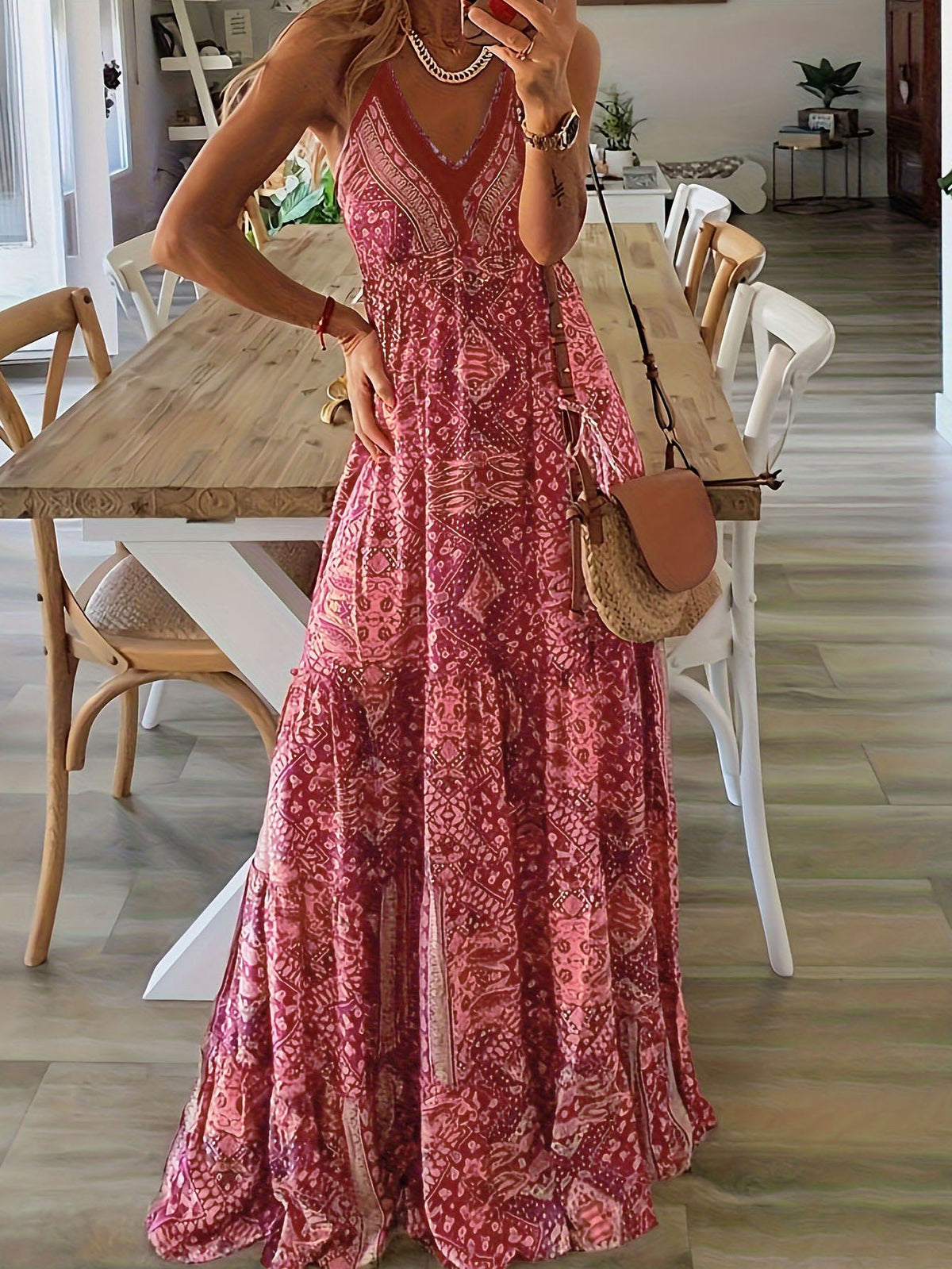 Women's Summer Boho Floral Print High-Waist V-Neck Spaghetti Strap Loose Maxi Dress