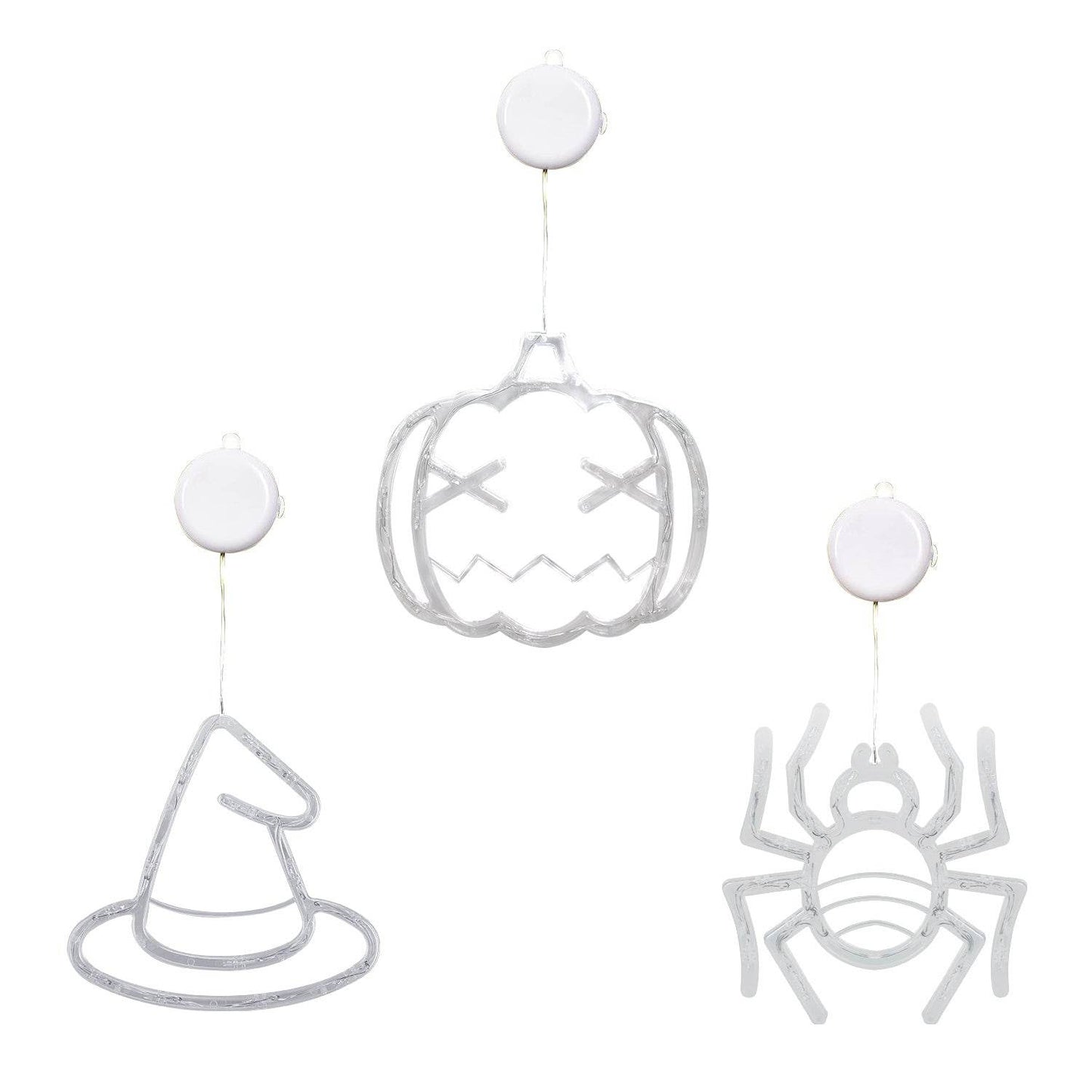 Lot de 3 lumières d'Halloween pour fenêtre, araignée, chapeau de sorcière, citrouille, avec lumière orange, décoration d'Halloween à suspendre avec ventouse et trous de suspension.