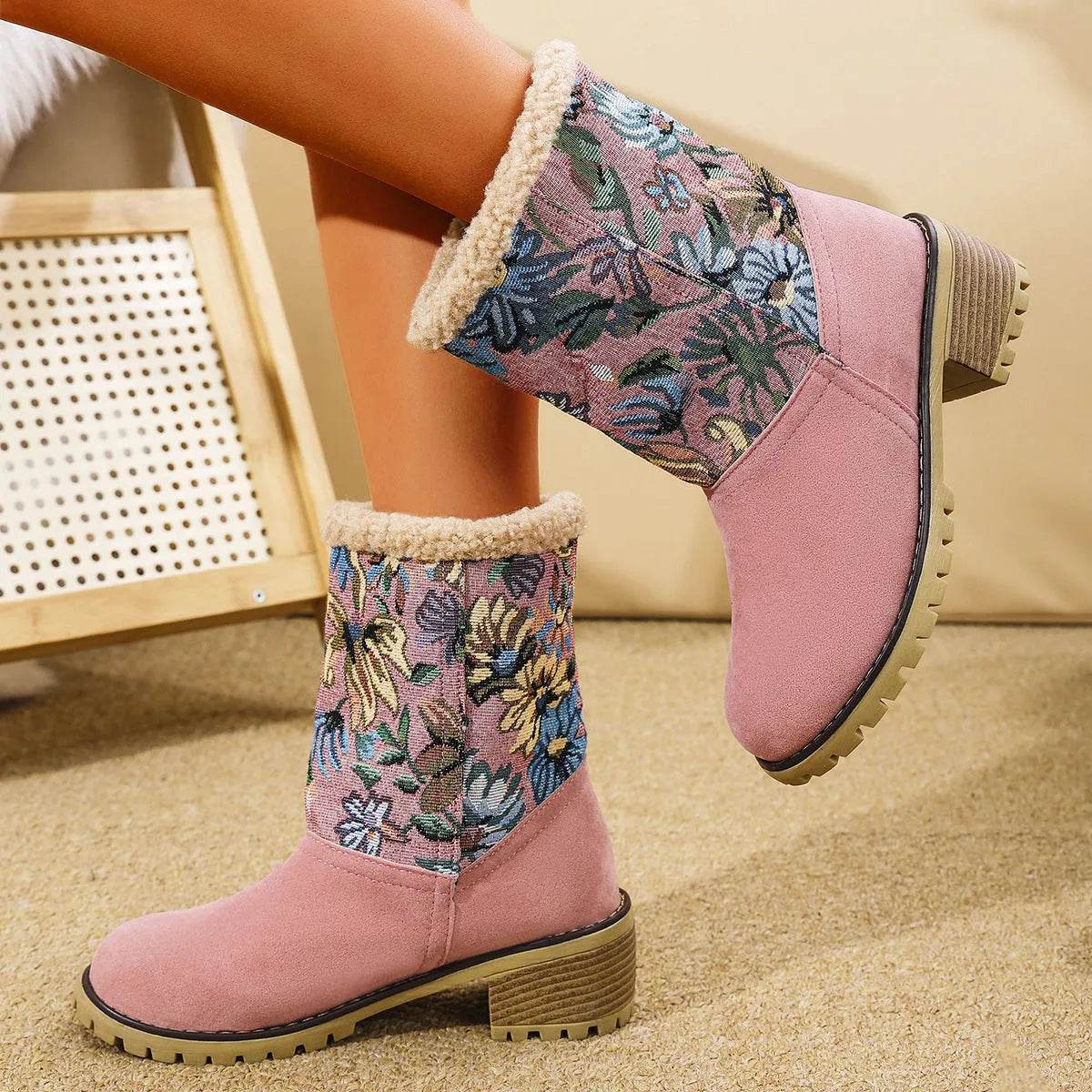 Bottes de neige brodées de fleurs, style ethnique, plateforme, talon carré épais, mi-mollet, bottes d'hiver chaudes en coton pour femmes