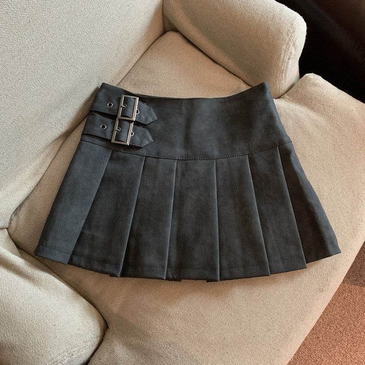 Women's American-style Vintage Mini Pleated Leather Skirt