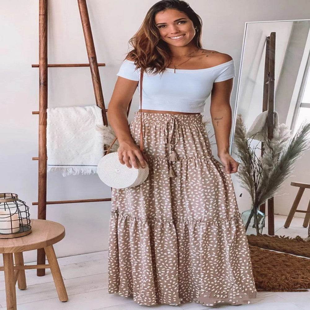 Casual Spring Summer Elastic Waist Pleated Mid Waist printed Maxi Skirt