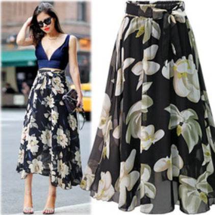 Jupe Longue Formelle Femme Taille Haute Florale Évasée en Mousseline de Soie pour le Bureau