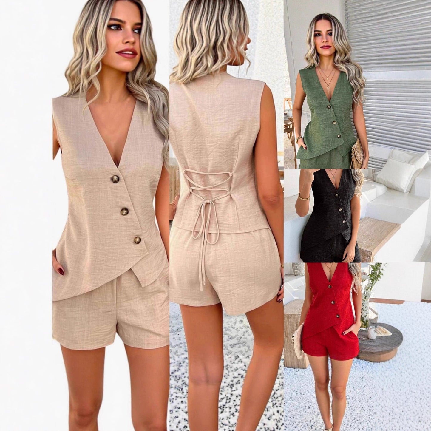 Women's Fashionable Casual V-Neck Asymmetrical Tank Top and Shorts Set