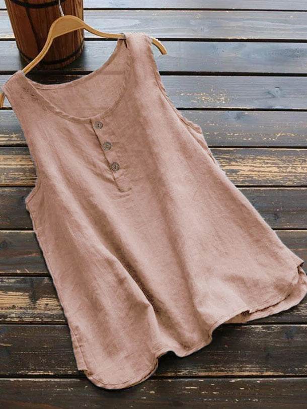 Solid Color Round Neck Loose Casual Vest Cotton Linen summer blouse top for Women