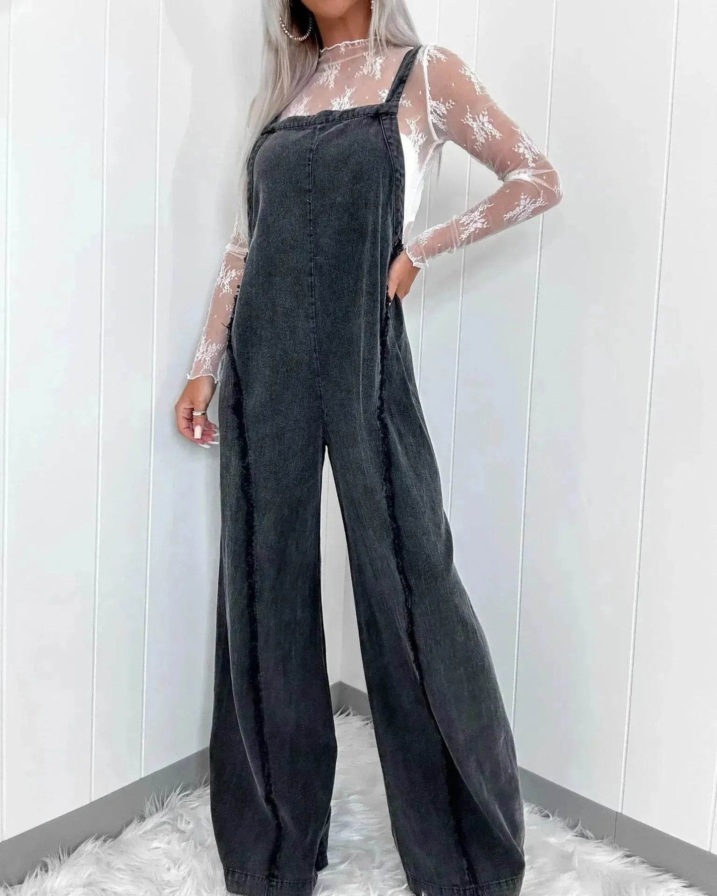 Retro Washed Raw Edge Denim Wide-leg Suspender Denim Jumpsuit Baggy Denim Jeans Jumper