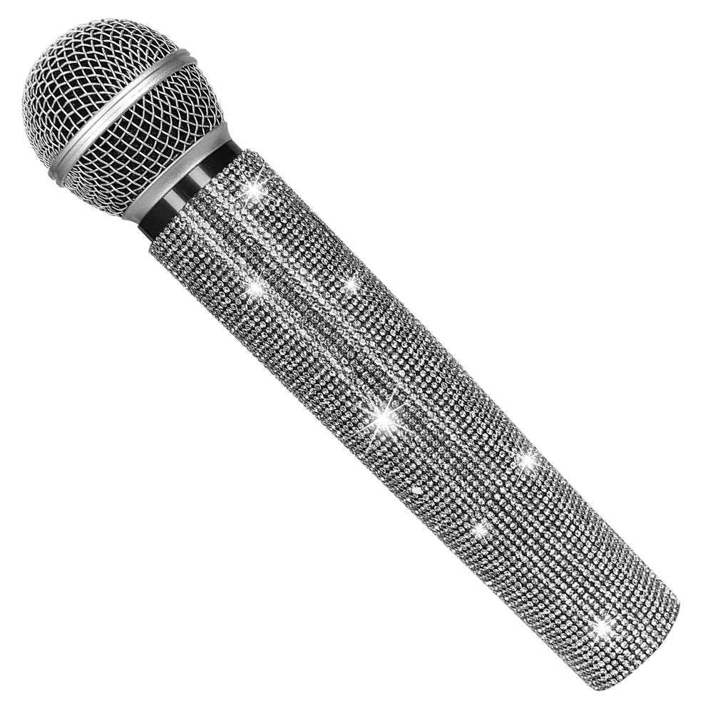 Fake Microphone Prop Sparkly Bling Rhinestones Plastic Play Microphone Pretend Glitter Bedazzled Mic for Cosplay Party Costume