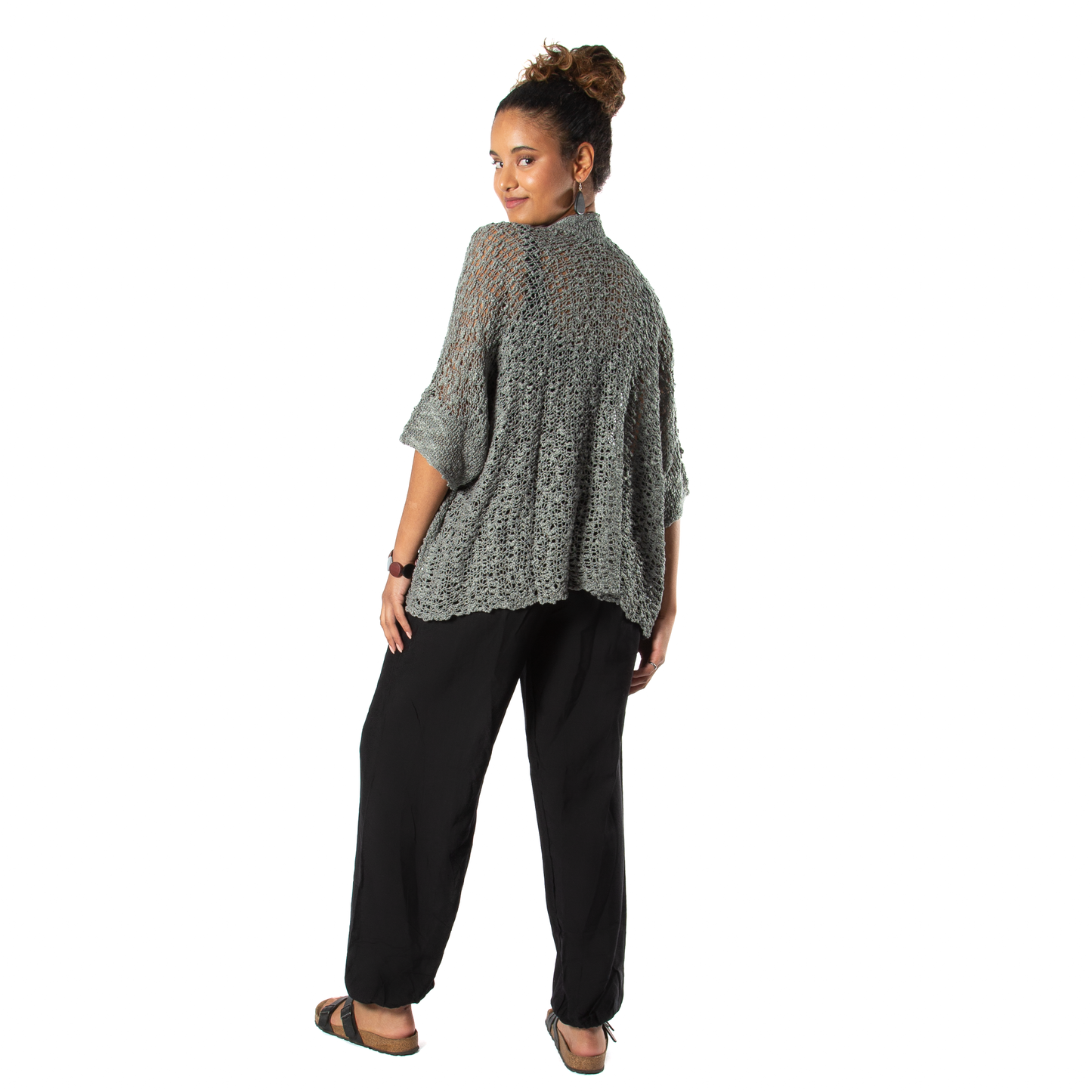 Popcorn Knit Short Sleeve Cardigan - Grey