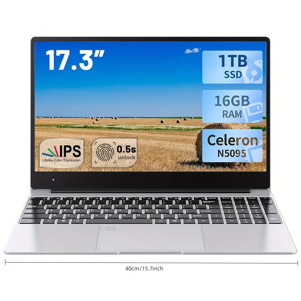 2025 New 17.3" Laptop 16GB RAM 512GB 1TB SSD Intel N5095 Portable Notebook Lightweight Backlit Keyboard Fingerprint Windows 11
