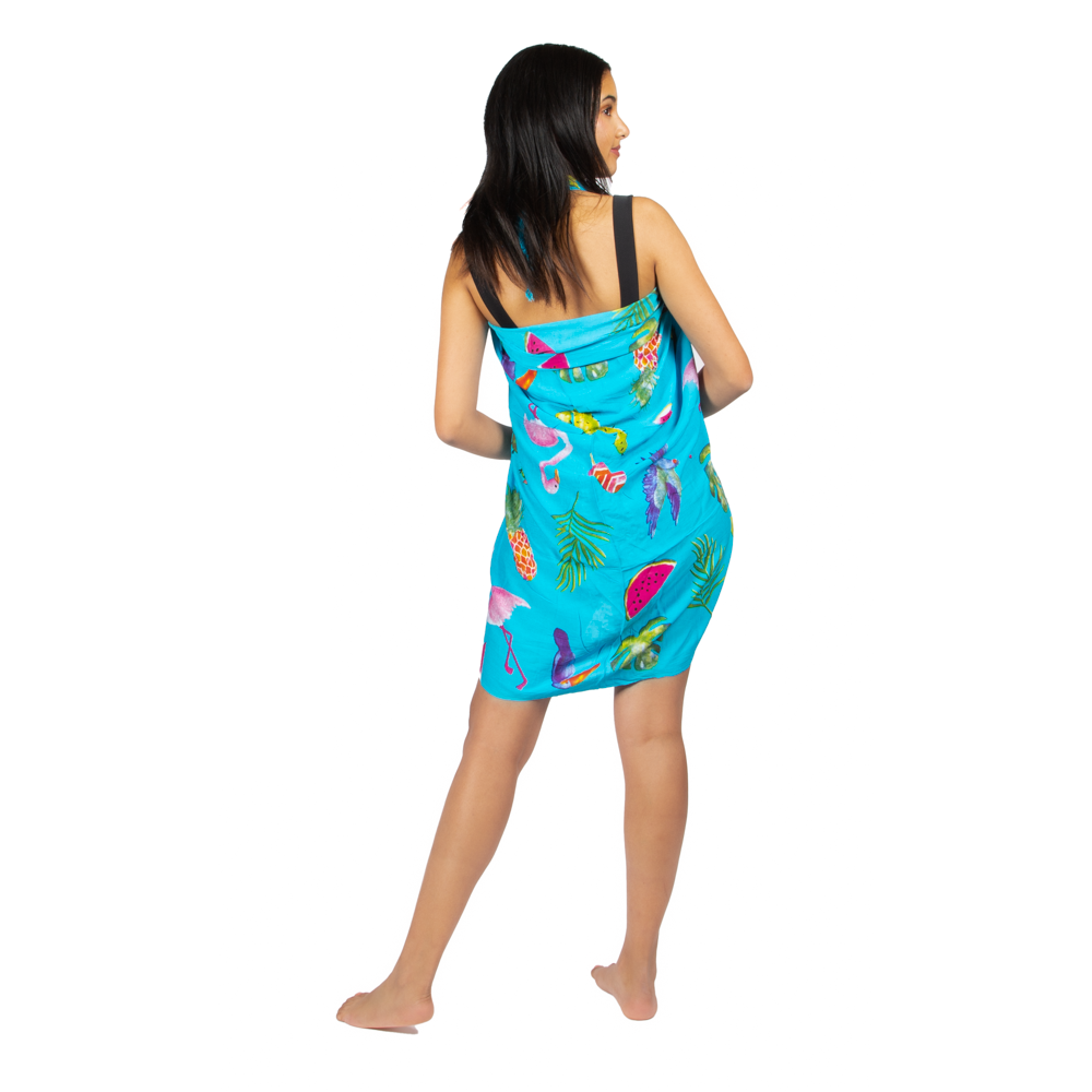 Flamingo & Fruit Print Sarong - Turquoise