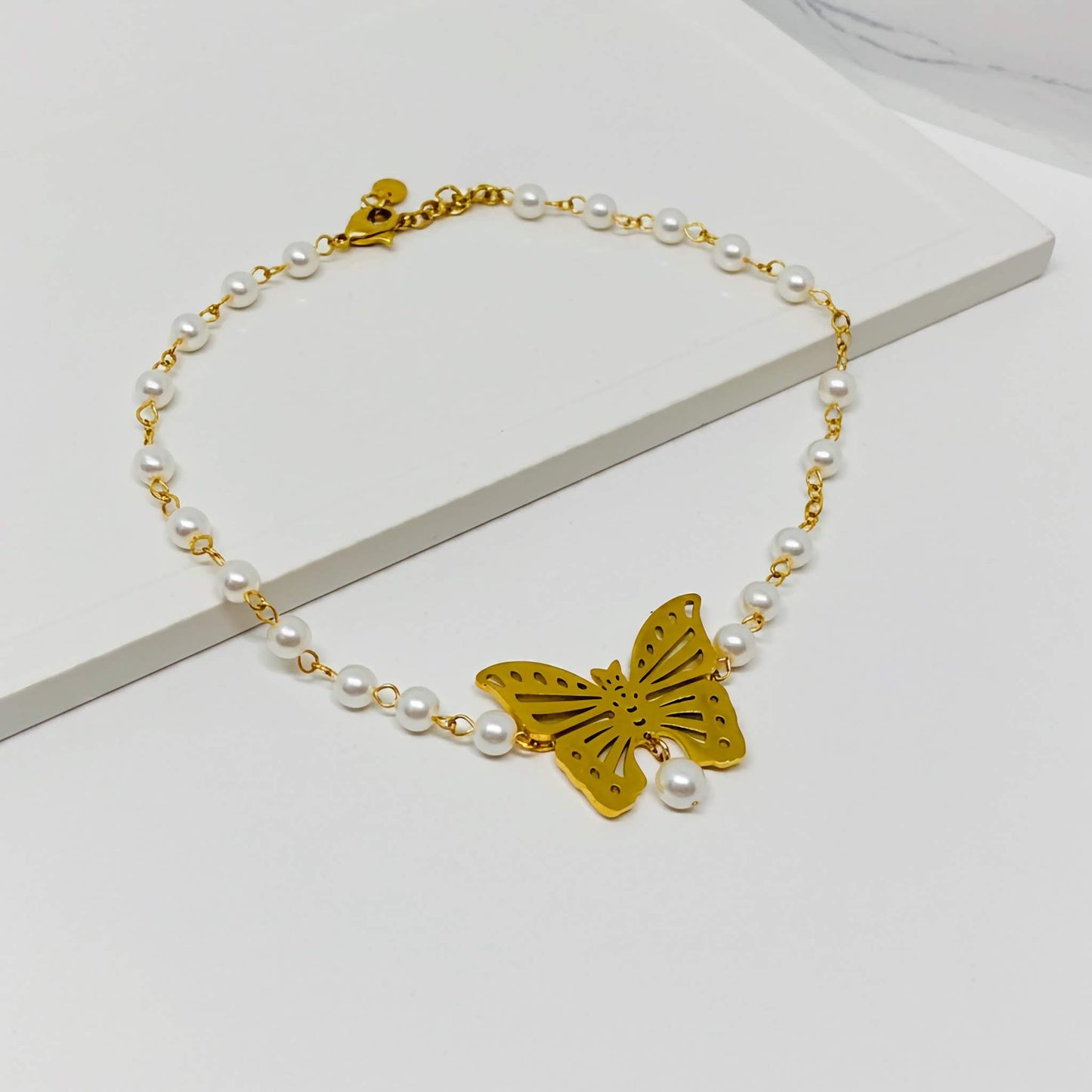 Pearl and Gold Butterfly Necklace - Elegant Statement Piece