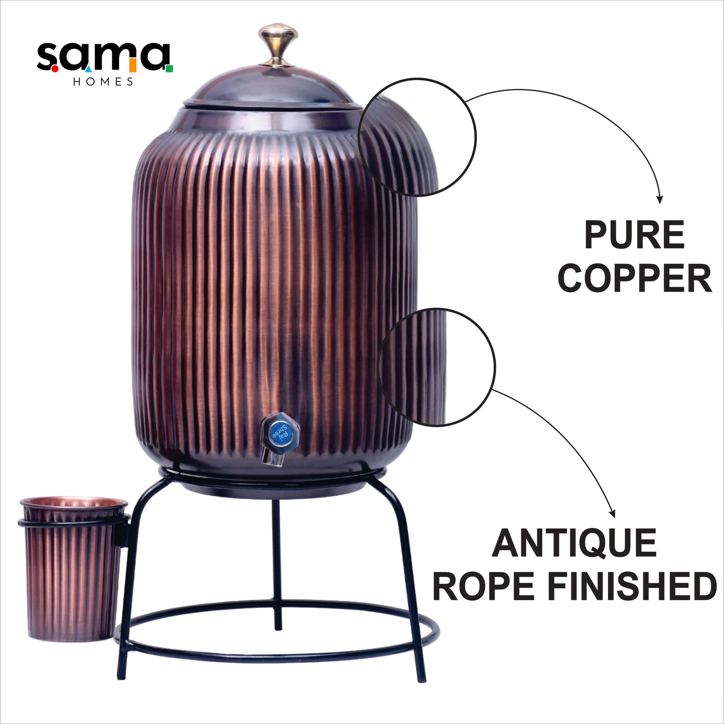 Pure Copper Water Dispenser with Glass & Stand – Antique Rope Design 5L/8L | Ayurvedic, Handcrafted