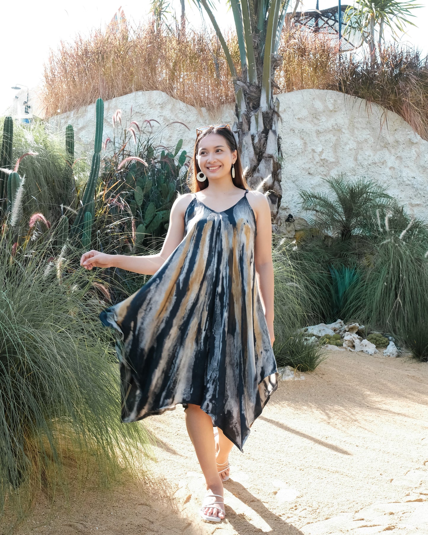 Abstract Tie Dye Handkerchief Dress - Grey & Gold