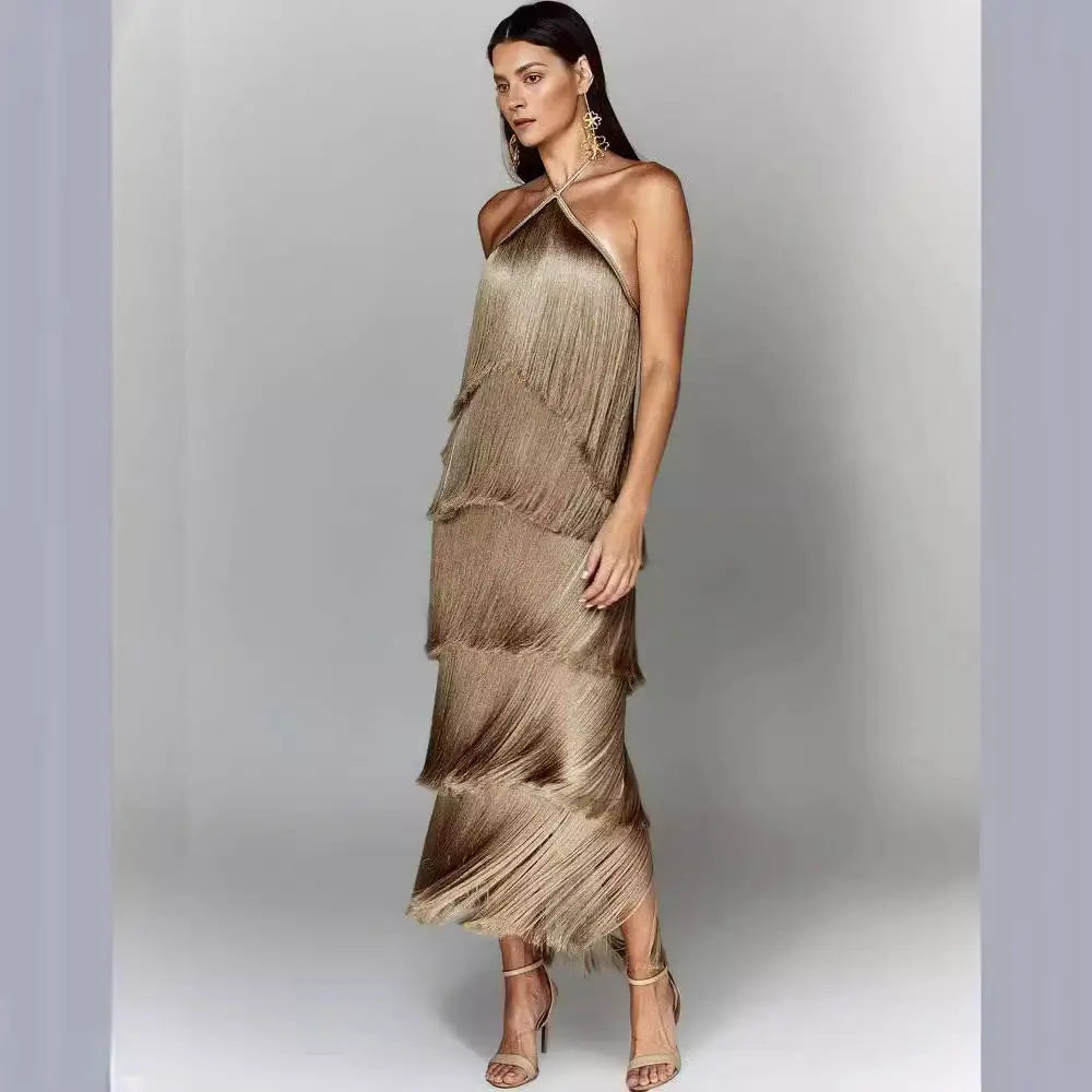 Fashion Halter Backless Sleeveless Tassel fringe Dress