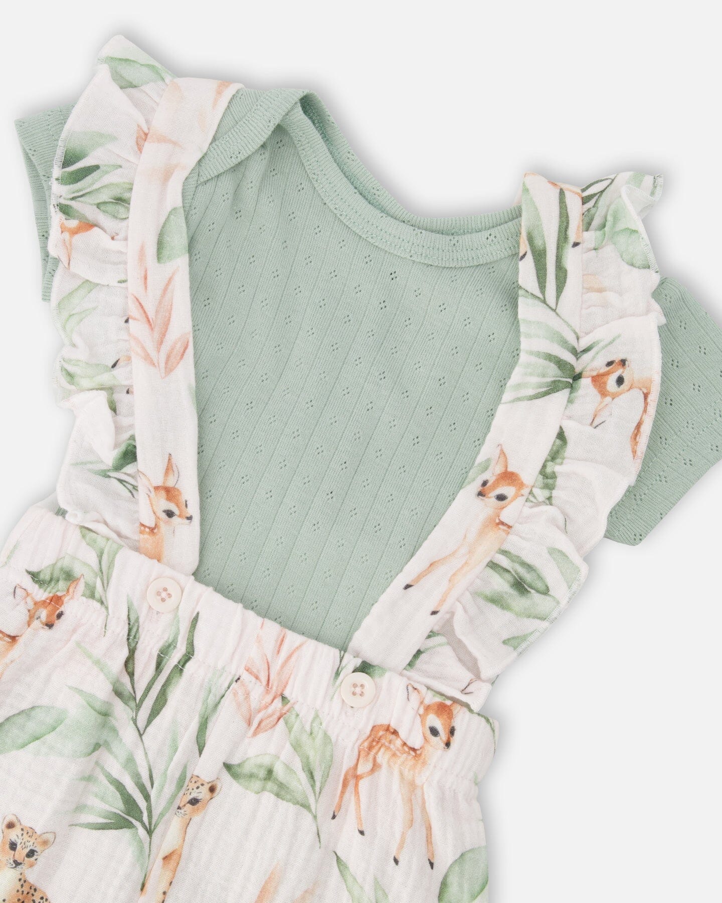 Ensemble barboteuse pointelle et combishort en mousseline de coton imprimé cerfs vert et pêche