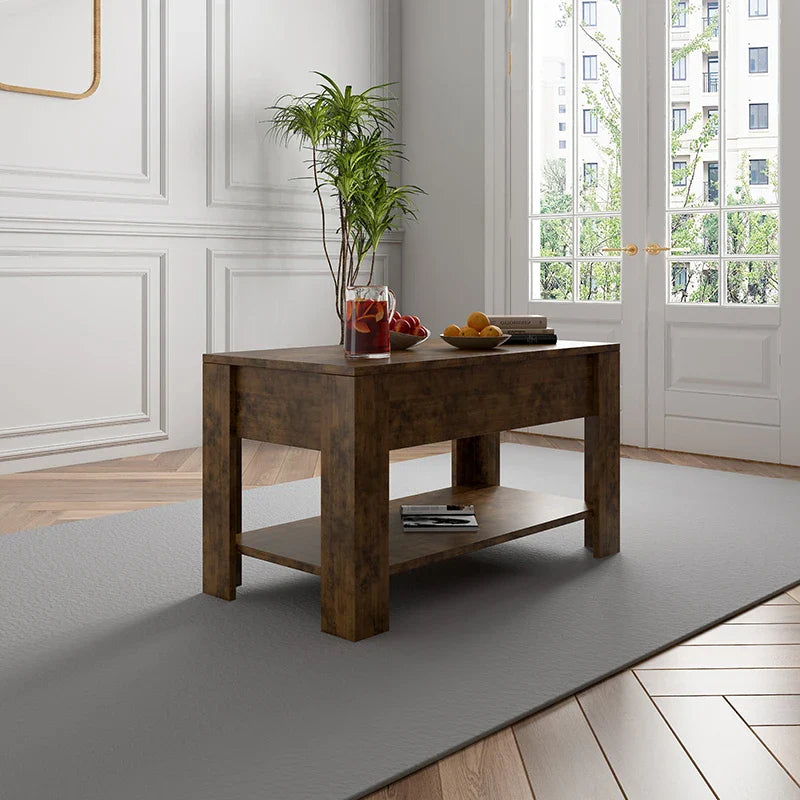 Table TV et Table basse relevable avec rangement, Table centrale relevable en bois rustique pour salon