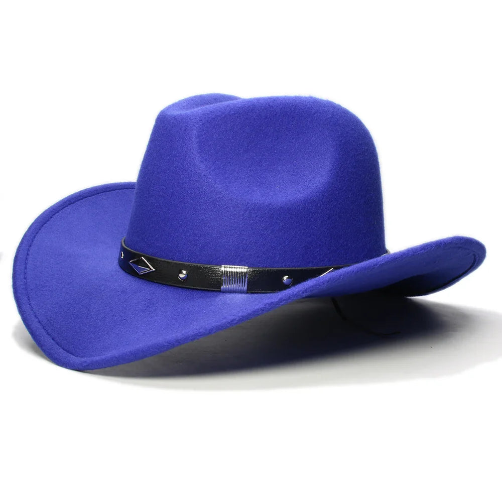Bande de cuir à géométrie rétro Parent-enfant unisexe/enfant feutre à large bord Cowboy chapeau occidental Cowgirl Bowler Cap (61 cm/57 cm/54 cm)