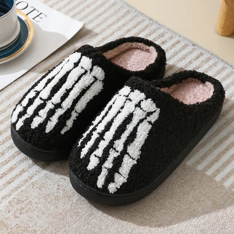 Pantoufles d'Halloween à motif tête de mort, pantoufles chaudes d'hiver pour hommes, femmes, couple, chaussures d'intérieur en coton