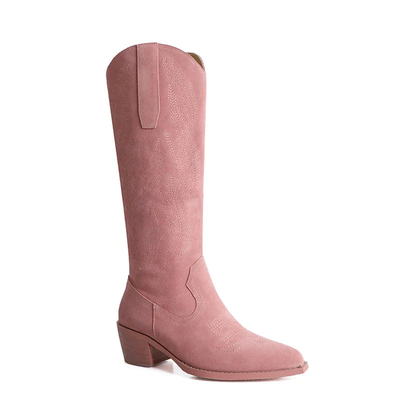 WETKISS Femme Chaussures Talon Épais Broderie Bottes Femme Bottes d'Automne Rose Daim Bottes Hautes Cowboy Vente en Gros