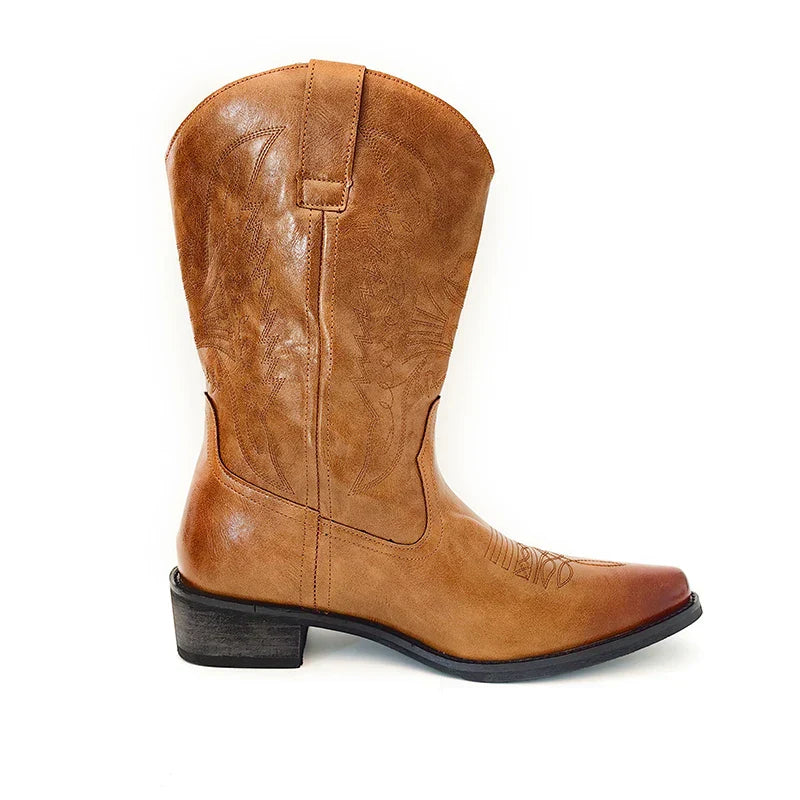 Men High Top Boots Handmade Embroidery Mens Retro Western Cowboy Boot Pointed Toe Boots Hand Stitchouing Outdoor Shoes