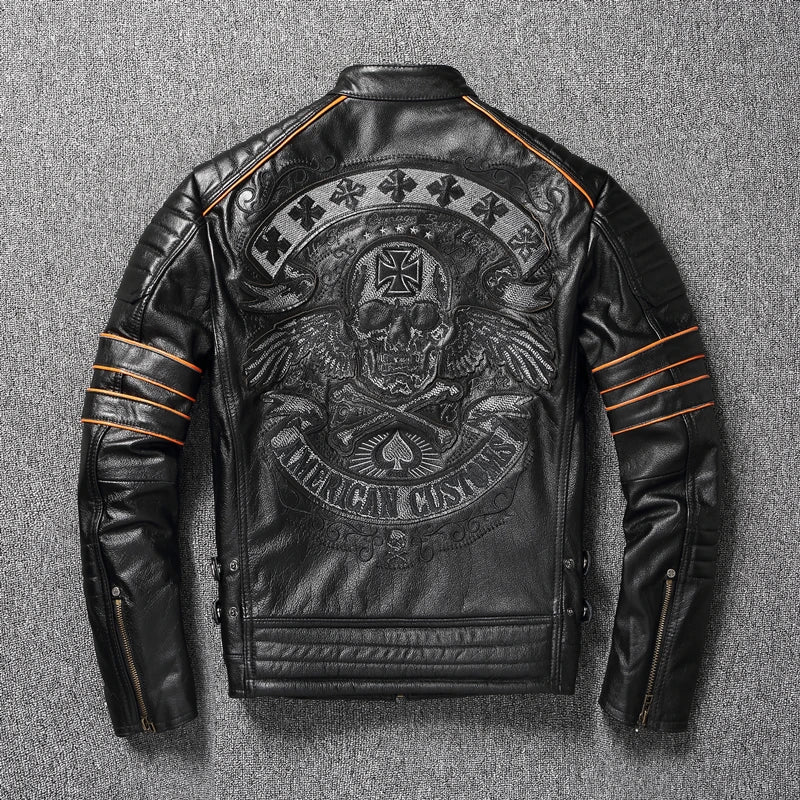 CC Shop.Brand skull cowhide coat.8XL Plus black slim genuine leather jacket,Rider leather cloth.Chaqueta de cuero esqueleto