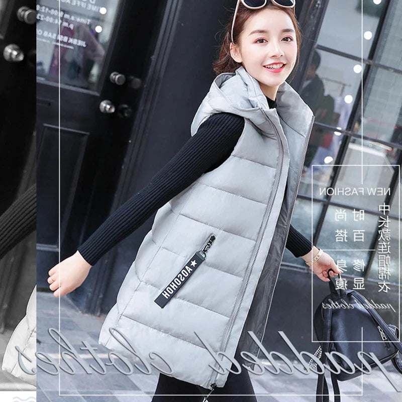 Autumn Winter Mid-length Women's Vest Coat Casual Zipper Sleeveless Warm Jacket Solid Color Hooded Ladies Vest Parkas for women