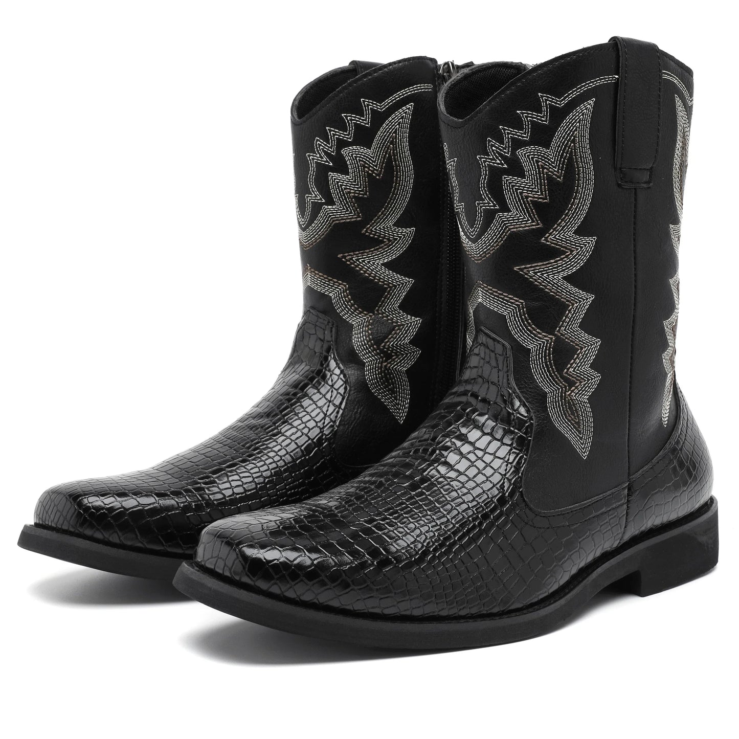 Embroidered Leather Western Cowboy Boots Women's Round Toe Chunky Heel Matching Mid Calf Boots Vintage Black Knight Boots
