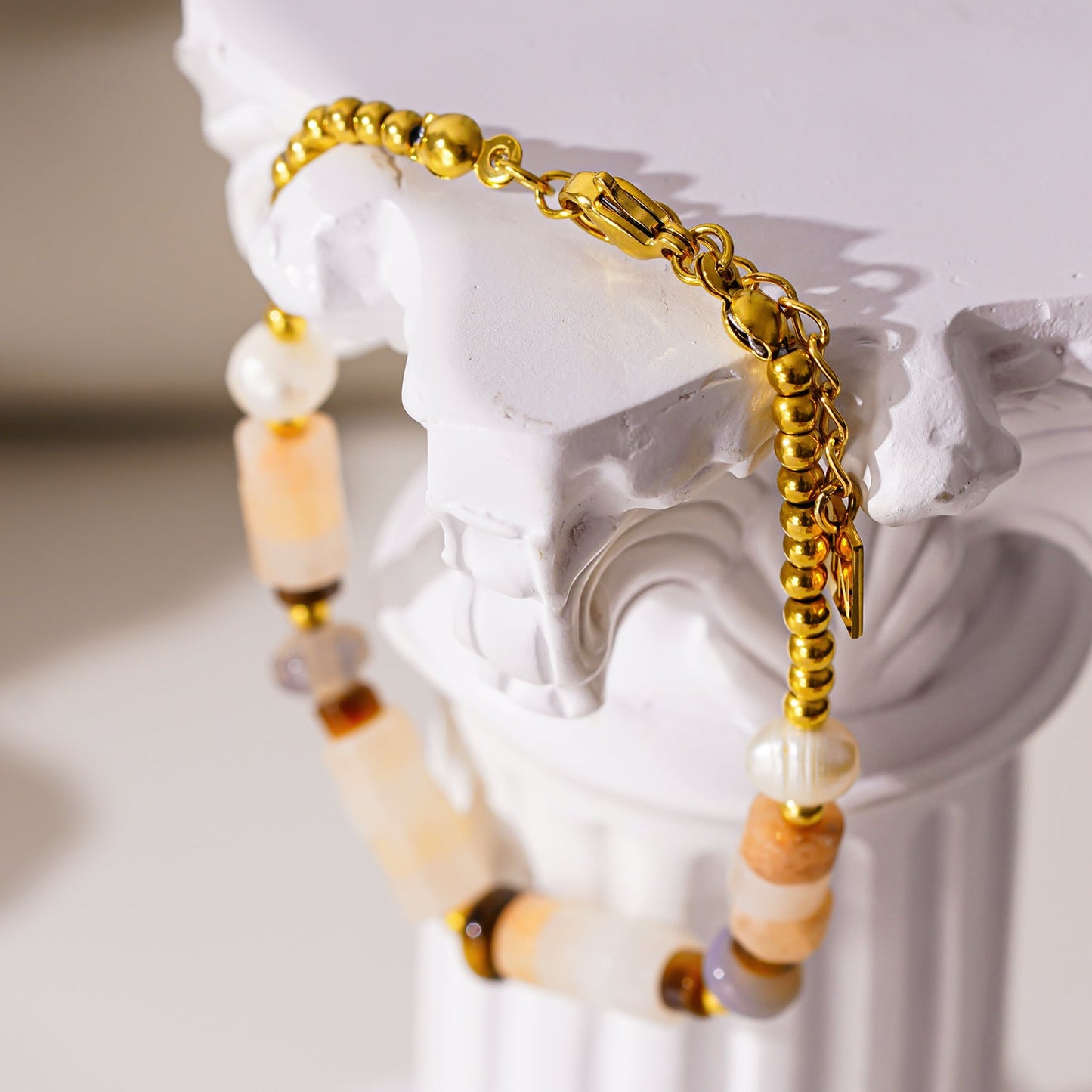 JERASA: Chalcedony Stones, Fresh Water Pearls & Gold Ball-Beaded Bracelet.