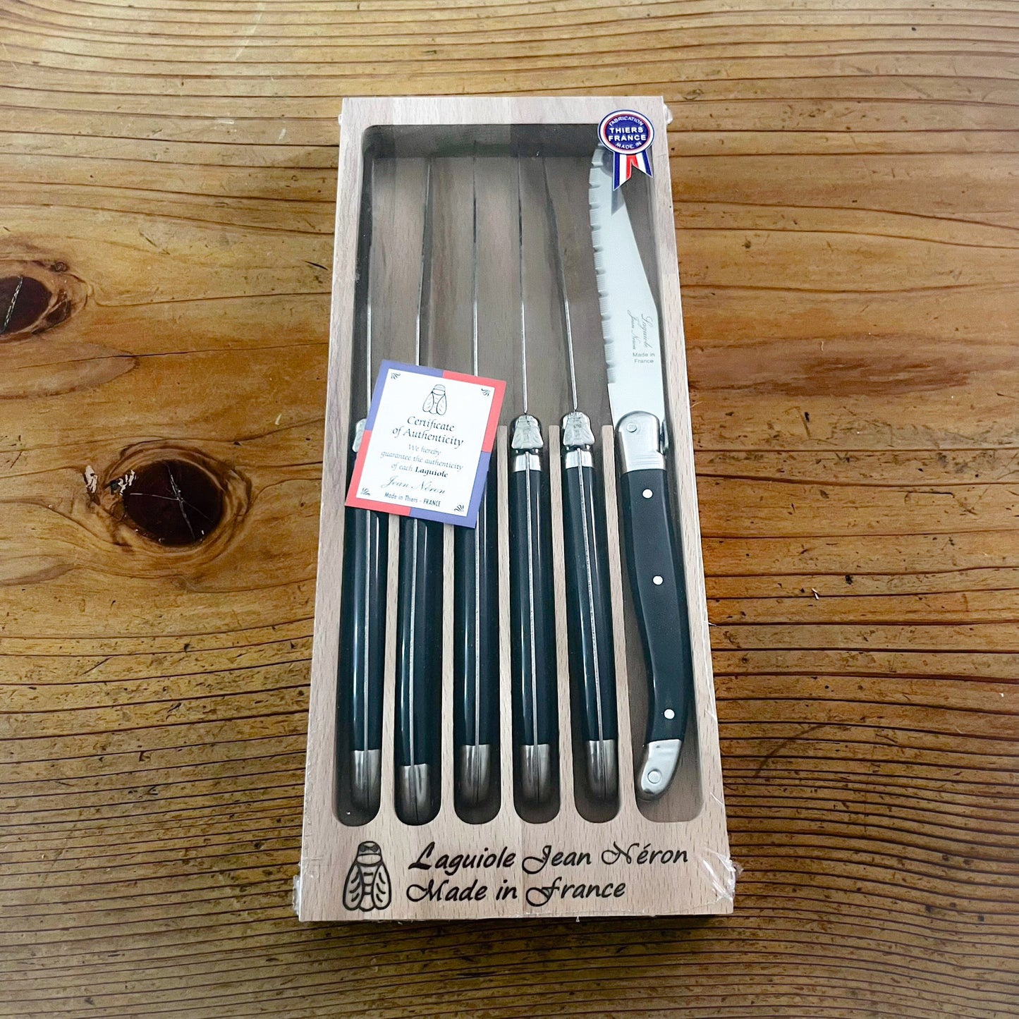 Laguiole ® Steak Knives, Set of 6 - Black Handle, in wooden box