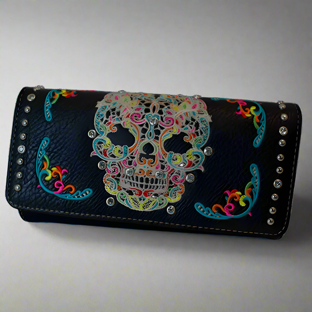 Portefeuille à trois volets en similicuir Sugar Skull pour femme Open Road
