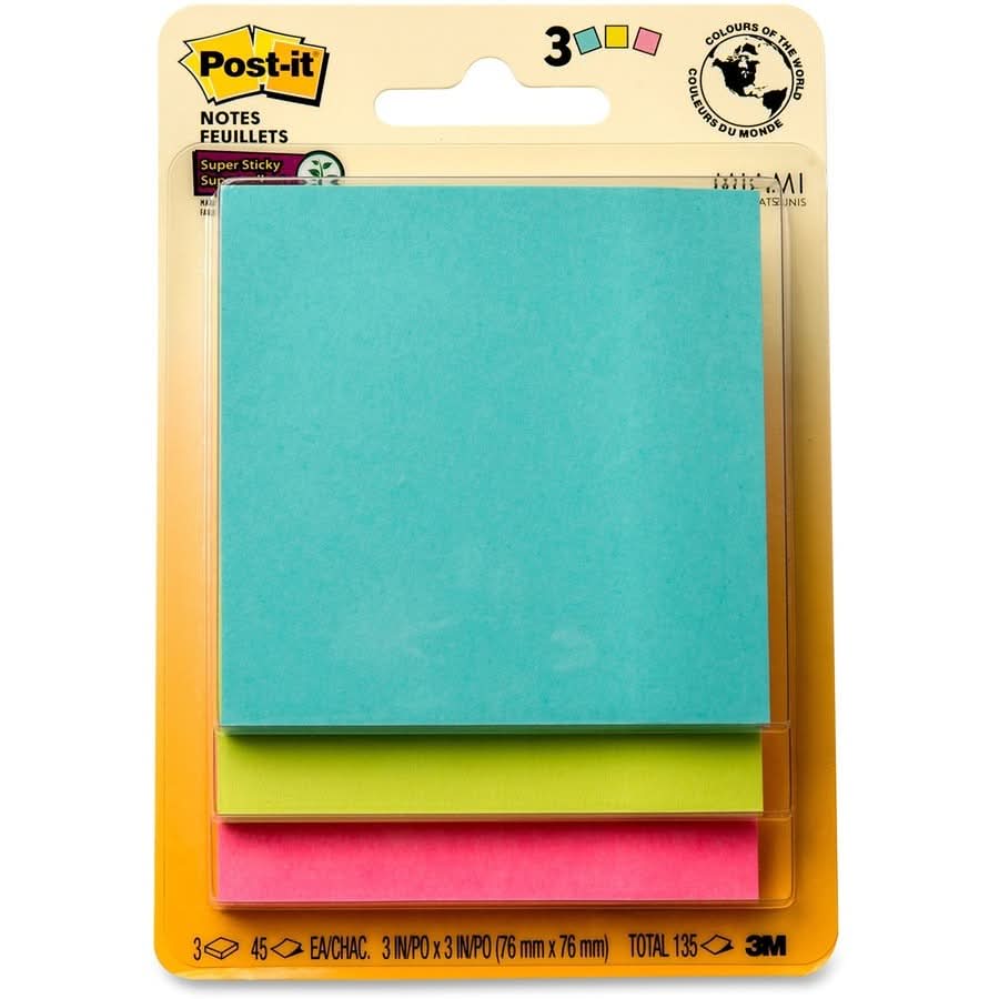 Post-it Super Sticky Notes, 3" x 3" Square, Canary Yellow (3 Pads/Pack)