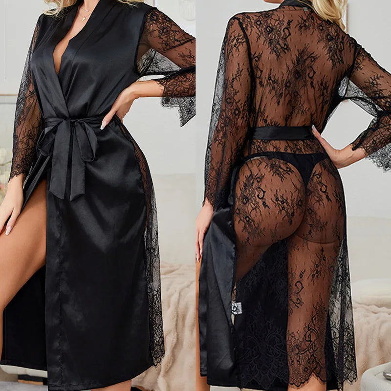 Nouvelle Robe Longue Femme Tenue de Détente Sexy Tentation Perspective Dentelle Peignoir Kimono Soie Satinée Chemise de Nuit Robe de Chambre