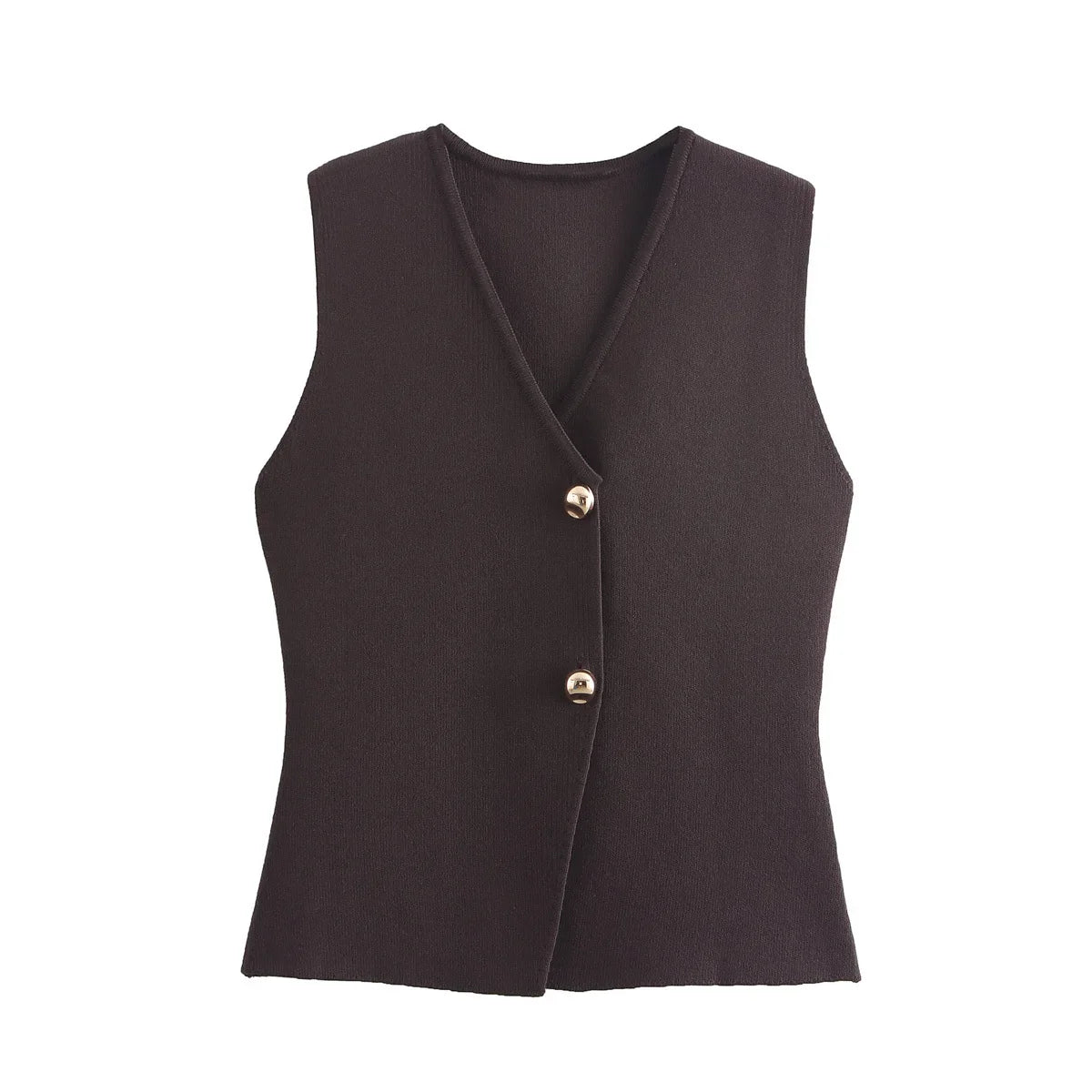 Zevity New Women Fashion V Neck Sleeveless Golden Buttons Knitted Vest Sweater Female Chic Solid Color Slim Cardigan Tops LS6273