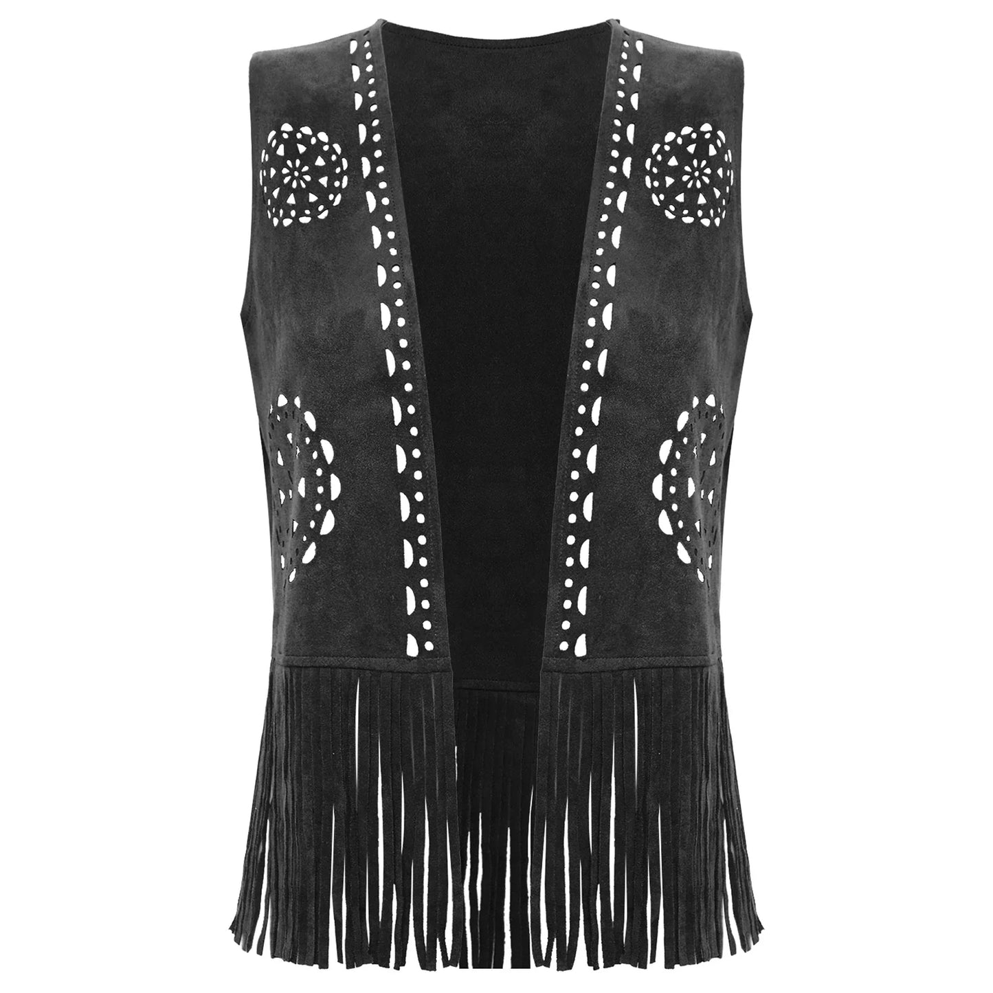 Gilet sans manches à franges pour femme style cow-girl, disco années 70, hippie, cosplay, vintage, creux, débardeur à pompons, en faux daim