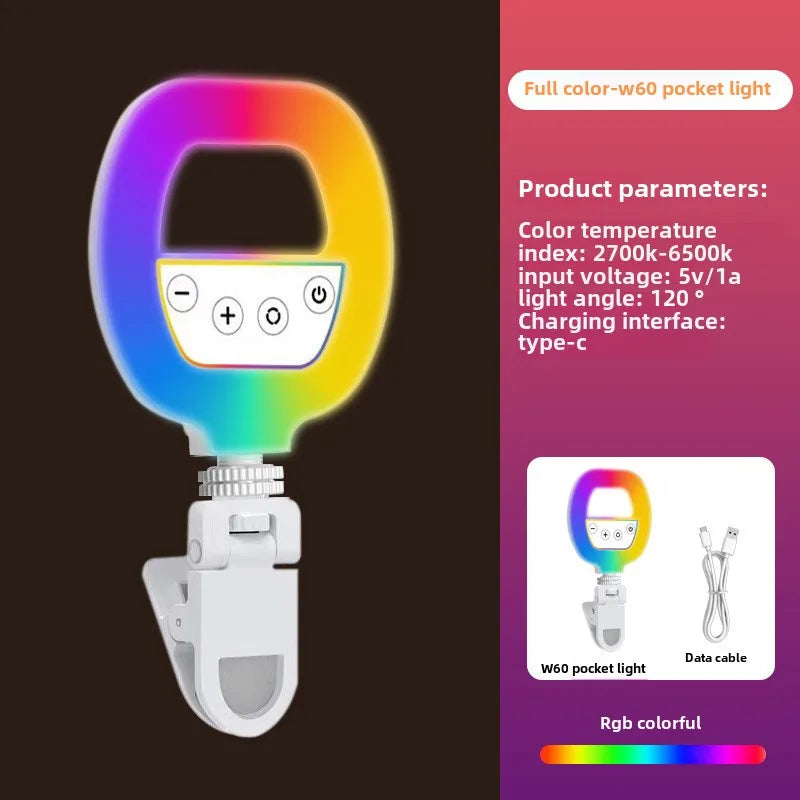 Lumière de remplissage pour téléphone Portable W60, lumière de beauté pour Selfie Portable, lampe de poche Rgb pour atmosphère de type anneau de charge