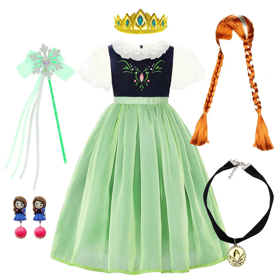 Robe de princesse de cosplay Anna pour filles, costume en maille à manches lanternes, pour fête d'anniversaire, carnaval, Halloween, robe de bal pour enfants