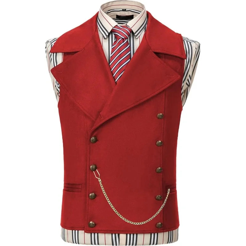 Men's Suede Cowboy Vest | Double Breasted Faux Leather Waistcoat with Large Lapel for Western/Casual Ornate Stitching