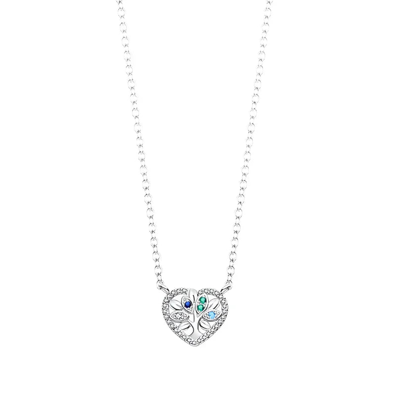 Family Tree Sterling Silver Pendant Necklace With Blue Gemstones