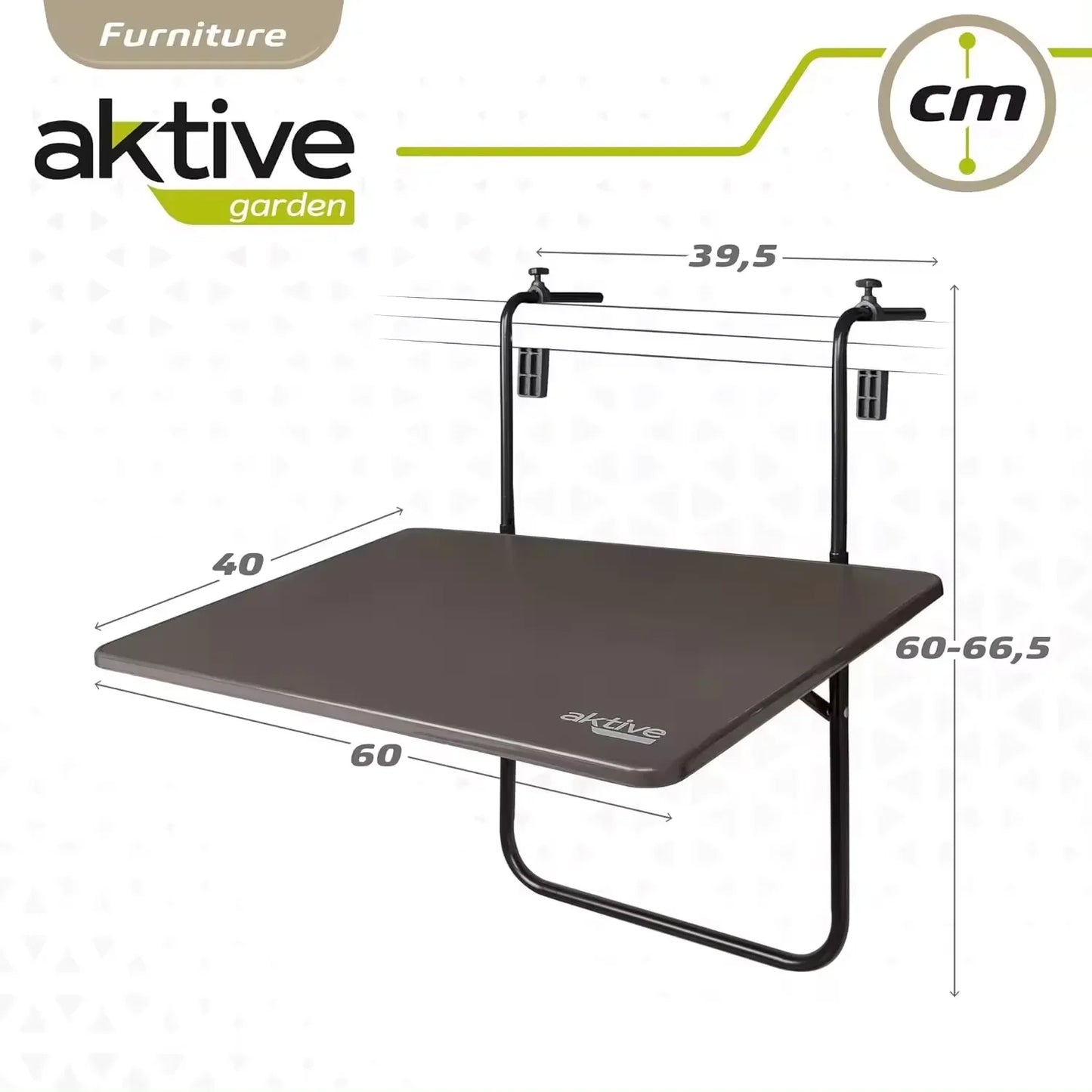 Table pliante rectangulaire, pour balustrade de balcon ou terrasse, couleur anthracite, 60x40x60/67 cm, hauteur réglable, 3 positions d'inclinaison