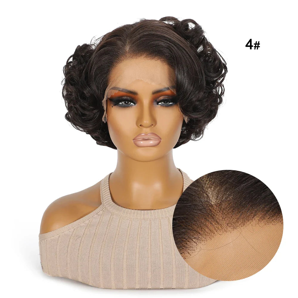10 Inch Short Curly Wavy Blonde Black Grey Synthetic Wig for Women Natural Look T-Part Lace Front Hair Replacement
