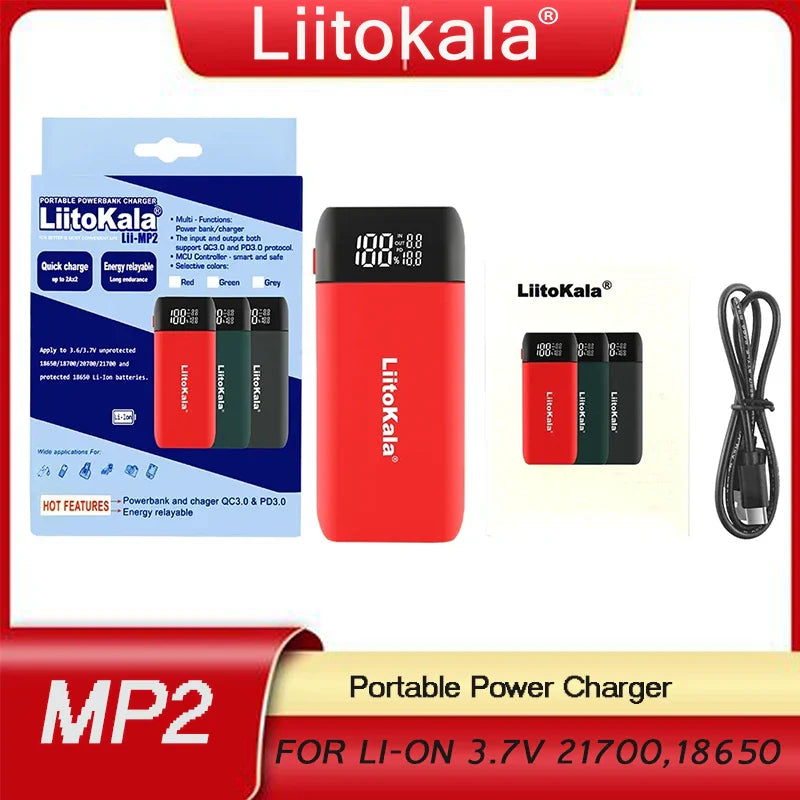 LiitoKala Lii-MP2 Portable Power Battery Charger LCD USB Type-C Input for 18700 20700 21700 18650 Batteries