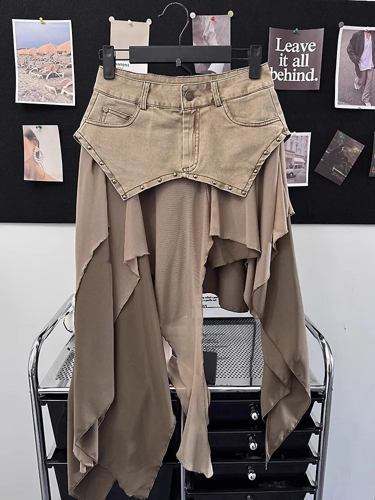 REDDACHiC Cowgirl Tulle point Denim jupe asymétrique Hippie rétro Rivets taille haute à volants jupe longue fluide été femmes vêtements