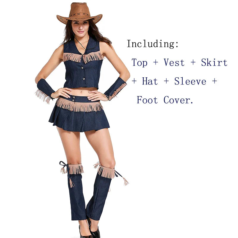Carnaval Halloween Femme Sexy Costume de Cowgirl de l'Ouest Pionnière de la Prairie à Franges Tenue de Club Jeu de Rôle Cosplay Fête Déguisement