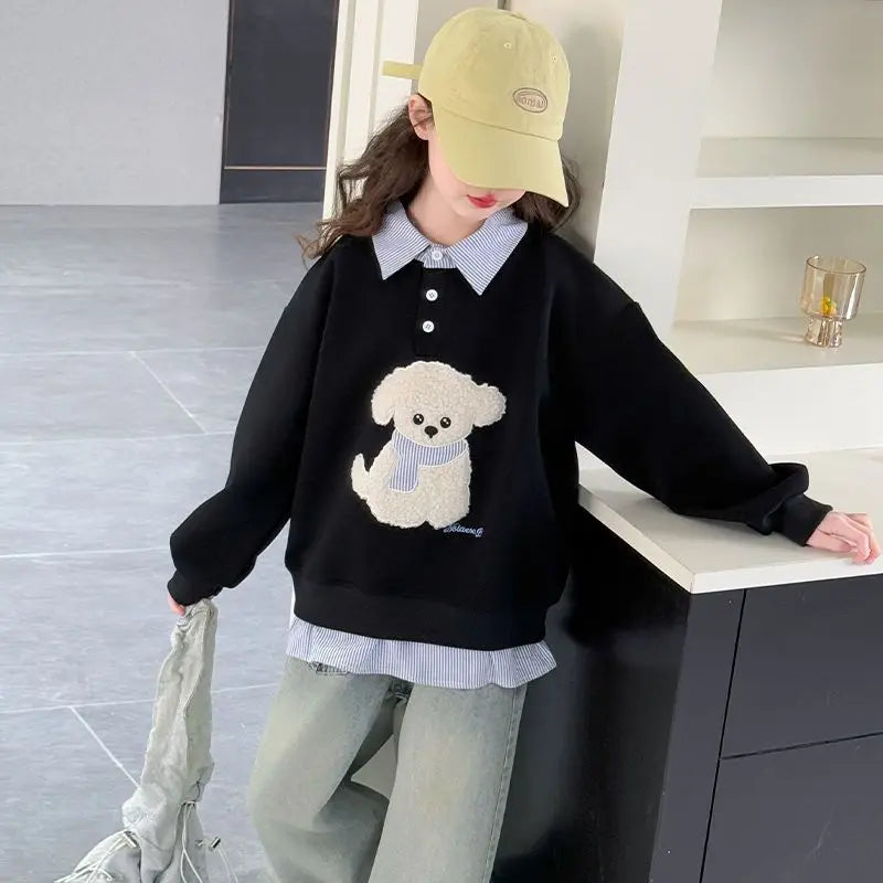 Sweat-shirt à capuche pour filles, Polo deux pièces en Faux, moyen-grand, coupe ample, haut de chiot de dessin animé, nouvelle collection printemps/automne 2025